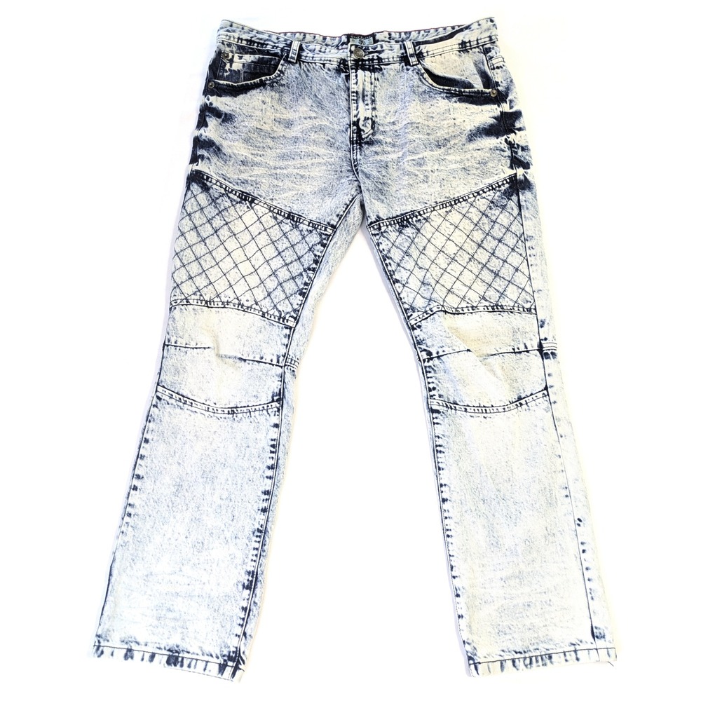 Gray Earth Mens Acid Wash Quilted Biker Jeans Light Blue Straight Leg Size 38